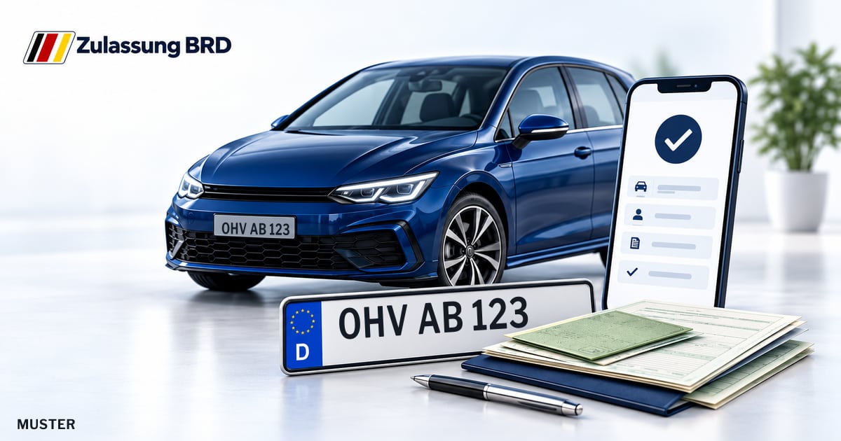 Online Fahrzeugzulassung in Landkreis Oberhavel: Musterkennzeichen OHV AB 123, Auto und Fahrzeugpapiere und Smartphone. Illustration mit Logo von Zulassung BRD.